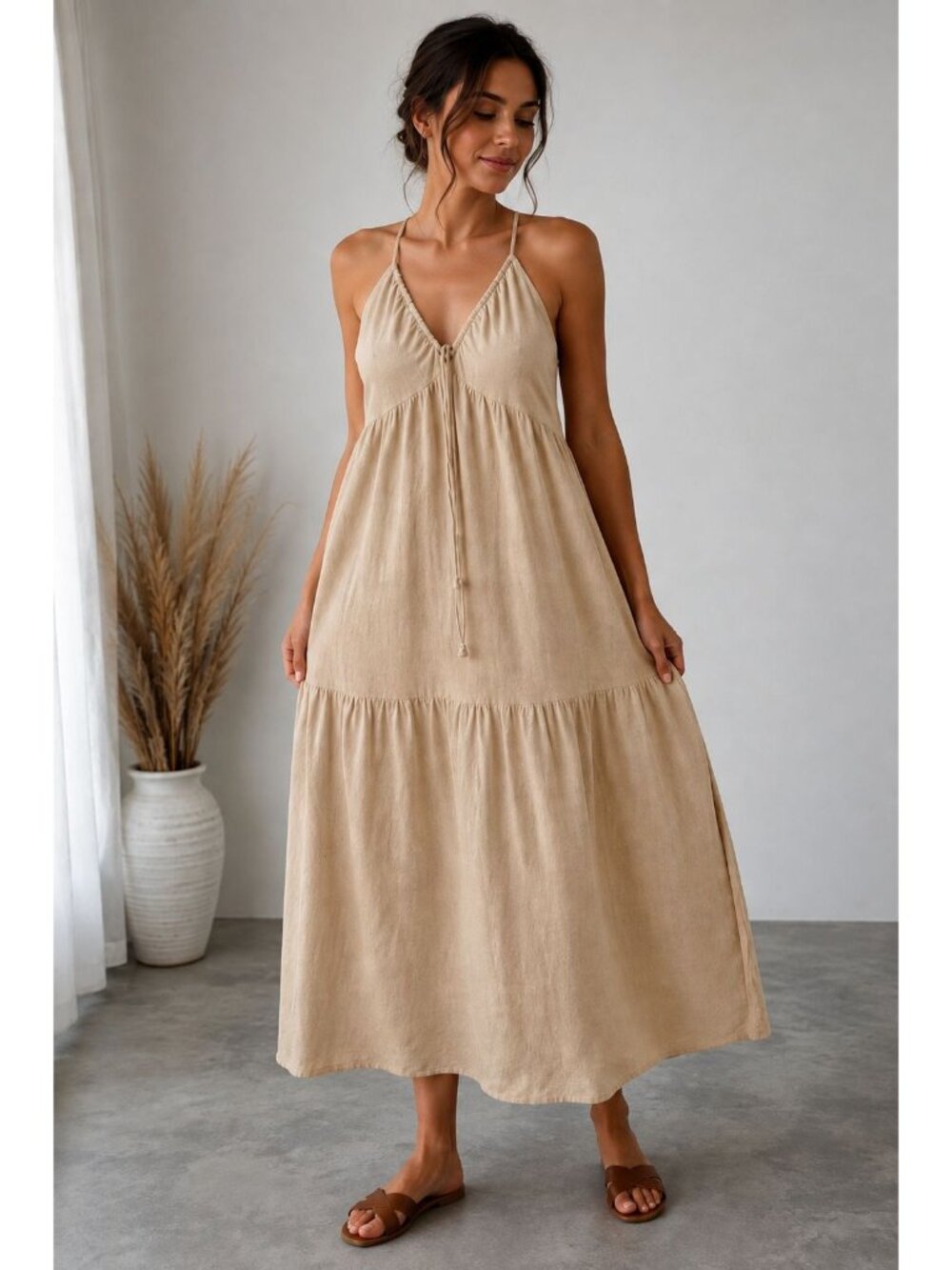 Sim & Sam Linen Blend Maxi Dress L Sleeveless Tie Strap Beige Boho Beach